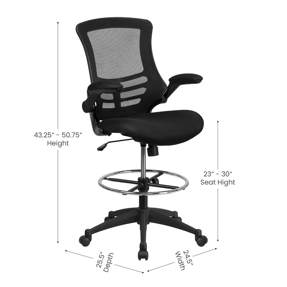 Mid-Back Black Mesh Drafting Chair with Adjustable Foot Ring and Flip-Up Arms. Picture 7