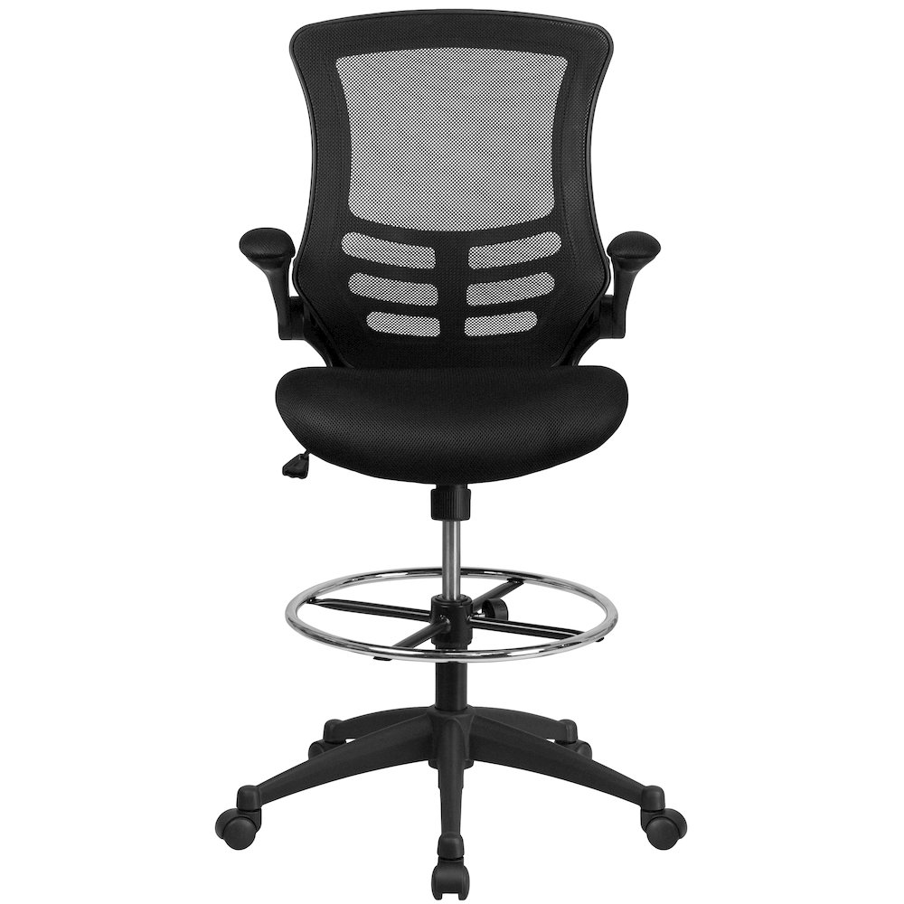 Mid-Back Black Mesh Drafting Chair with Adjustable Foot Ring and Flip-Up Arms. Picture 13
