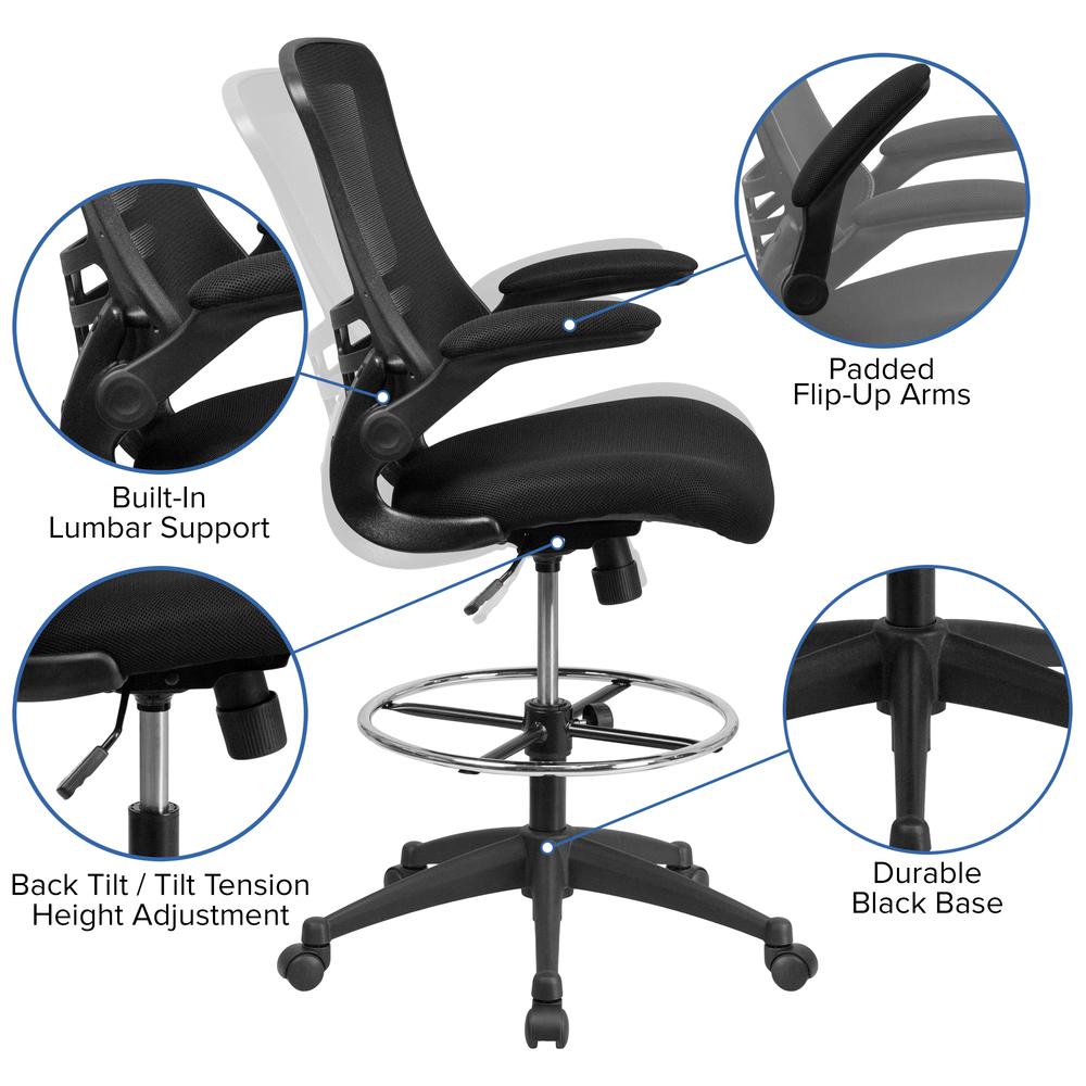 Mid Back Black Mesh Ergonomic Drafting Chair with Adjustable Foot Ring and Flip-Up Arms. Picture 6