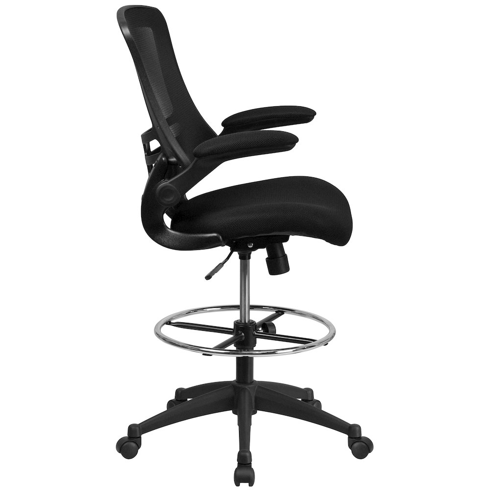 Mid-Back Black Mesh Drafting Chair with Adjustable Foot Ring and Flip-Up Arms. Picture 12