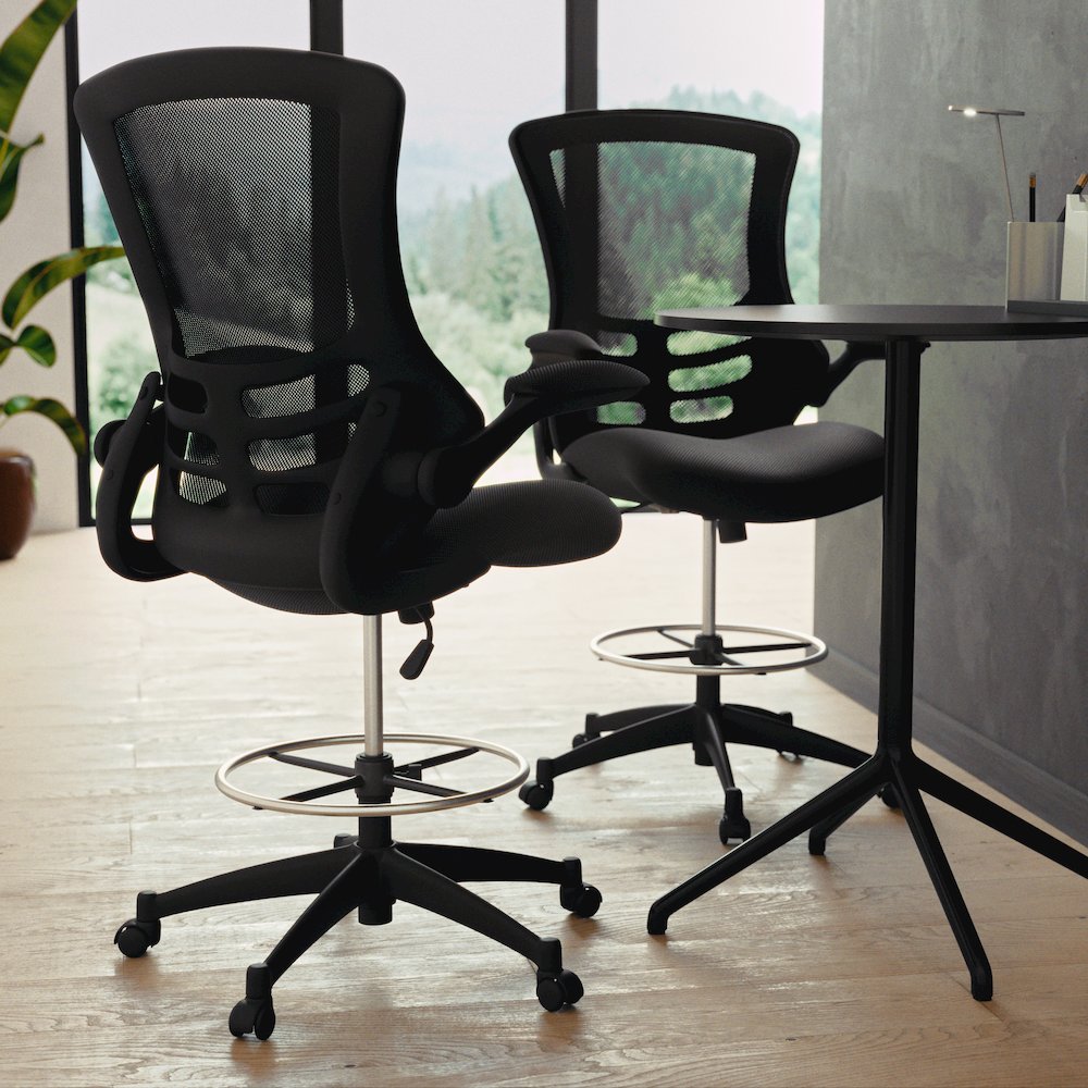 Mid-Back Black Mesh Drafting Chair with Adjustable Foot Ring and Flip-Up Arms. Picture 8