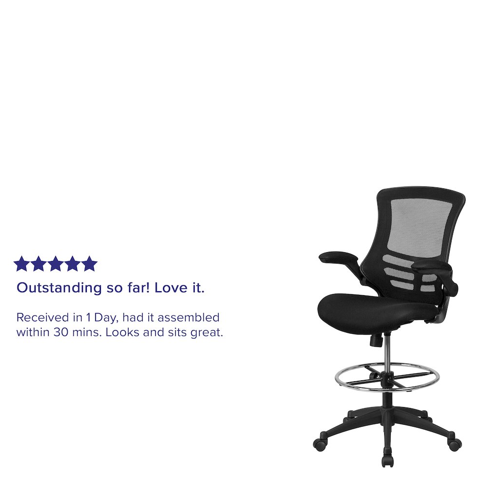 Mid-Back Black Mesh Drafting Chair with Adjustable Foot Ring and Flip-Up Arms. Picture 4