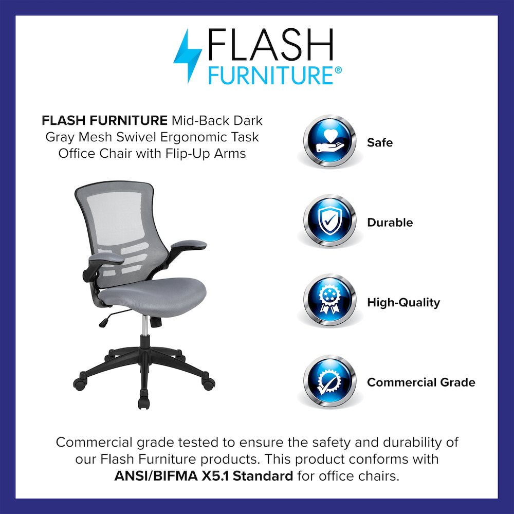 Mid-Back Dark Gray Mesh Swivel Ergonomic Task Office Chair with Flip-Up Arms. Picture 4