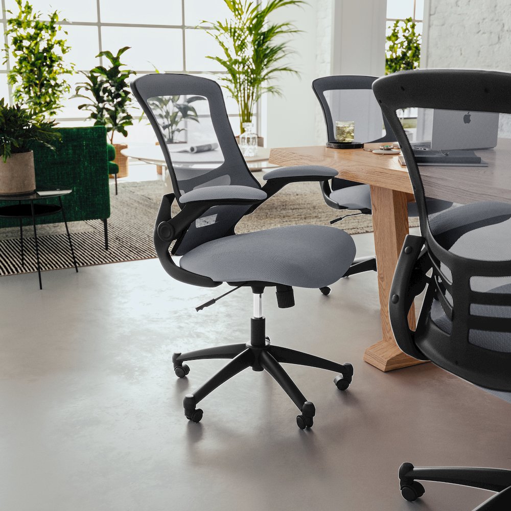 Mid-Back Dark Gray Mesh Swivel Ergonomic Task Office Chair with Flip-Up Arms. Picture 11
