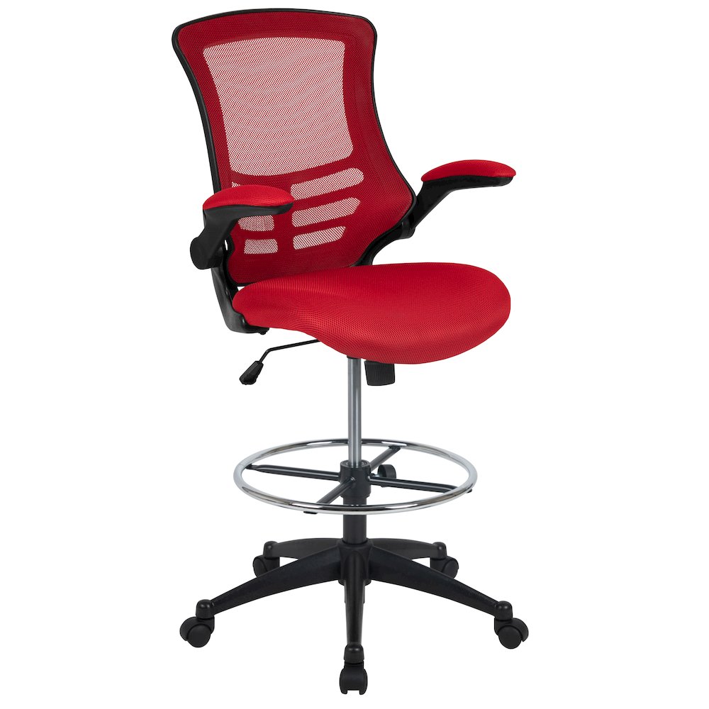 Mid-Back Red Mesh Drafting Chair with Adjustable Foot Ring and Flip-Up Arms. Picture 1