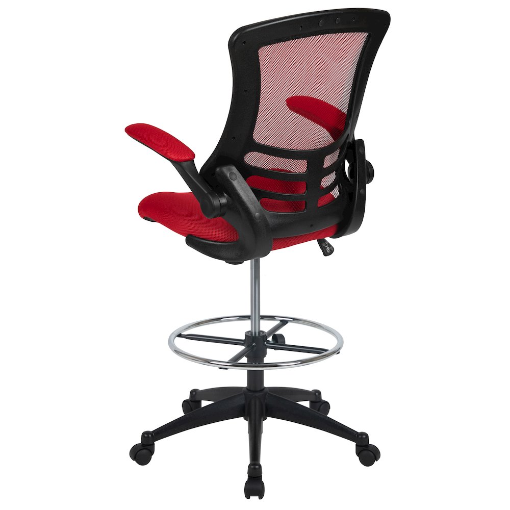 Mid-Back Red Mesh Drafting Chair with Adjustable Foot Ring and Flip-Up Arms. Picture 10