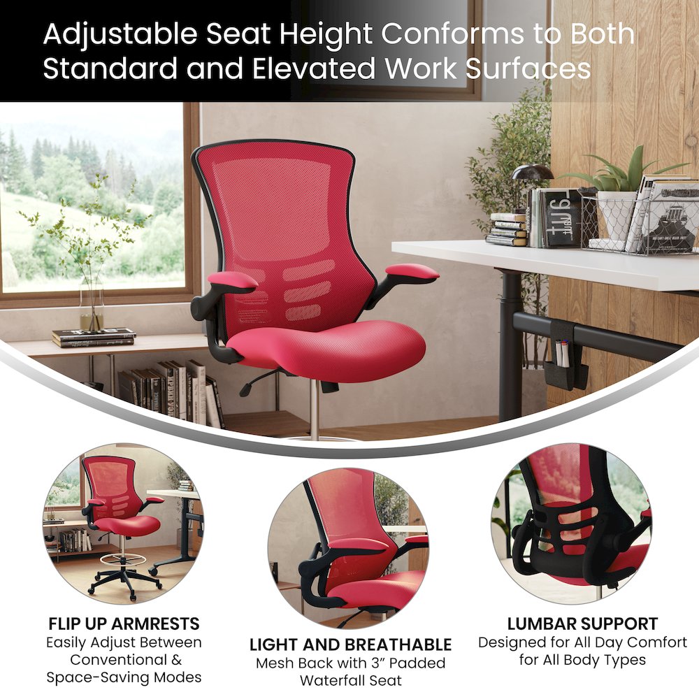Mid-Back Red Mesh Drafting Chair with Adjustable Foot Ring and Flip-Up Arms. Picture 5