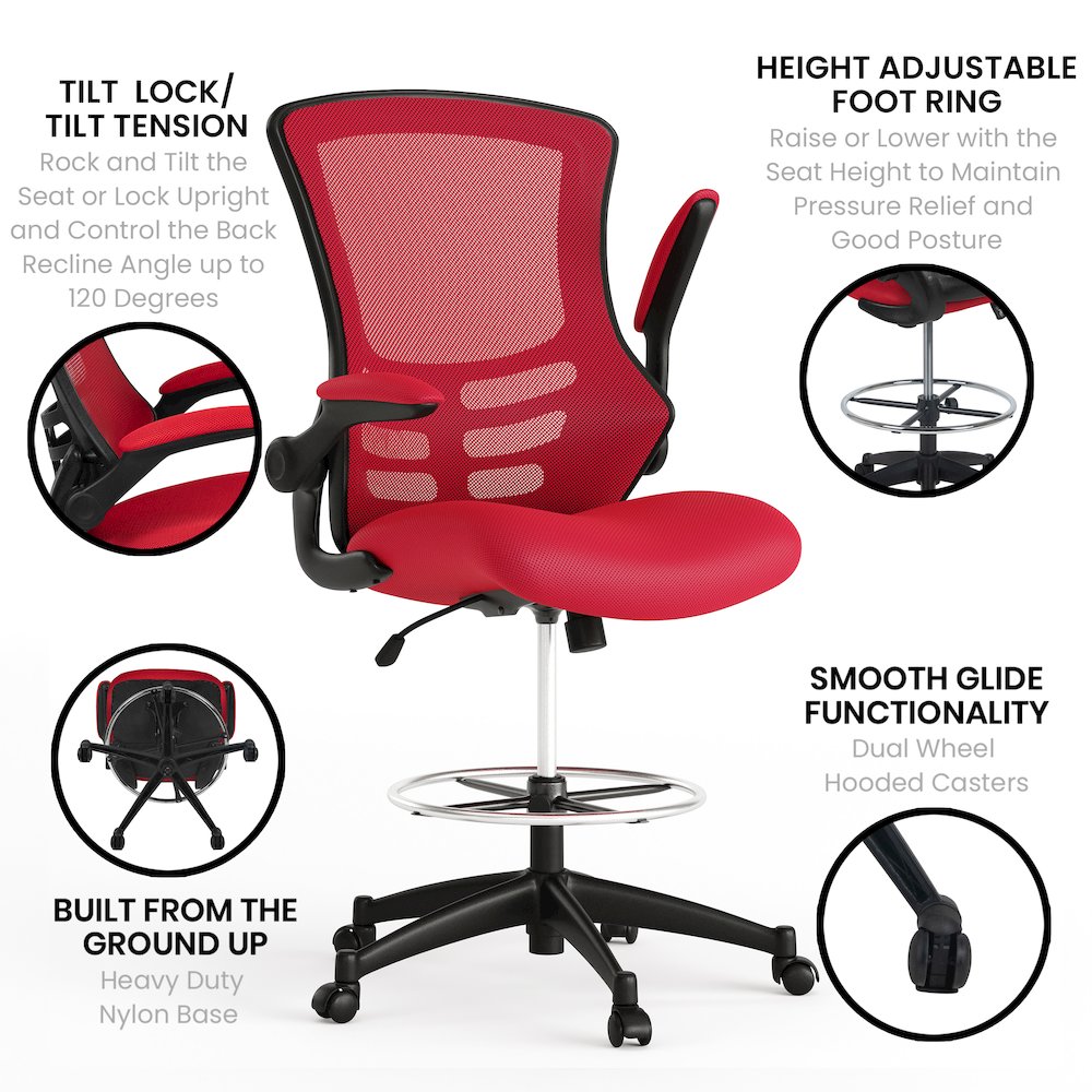 Mid-Back Red Mesh Drafting Chair with Adjustable Foot Ring and Flip-Up Arms. Picture 6