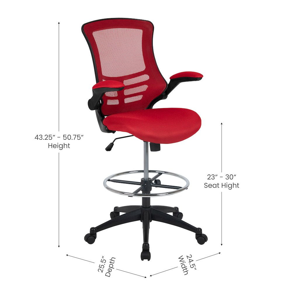 Mid-Back Red Mesh Drafting Chair with Adjustable Foot Ring and Flip-Up Arms. Picture 7