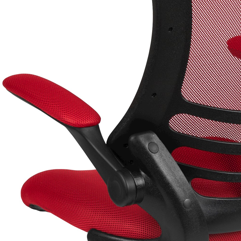 Mid-Back Red Mesh Drafting Chair with Adjustable Foot Ring and Flip-Up Arms. Picture 11