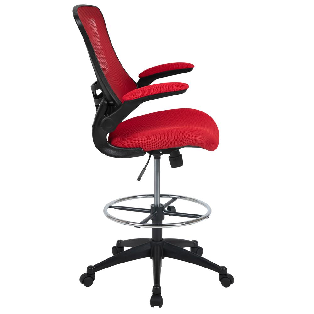Mid-Back Red Mesh Ergonomic Drafting Chair with Adjustable Foot Ring and Flip-Up Arms. Picture 3