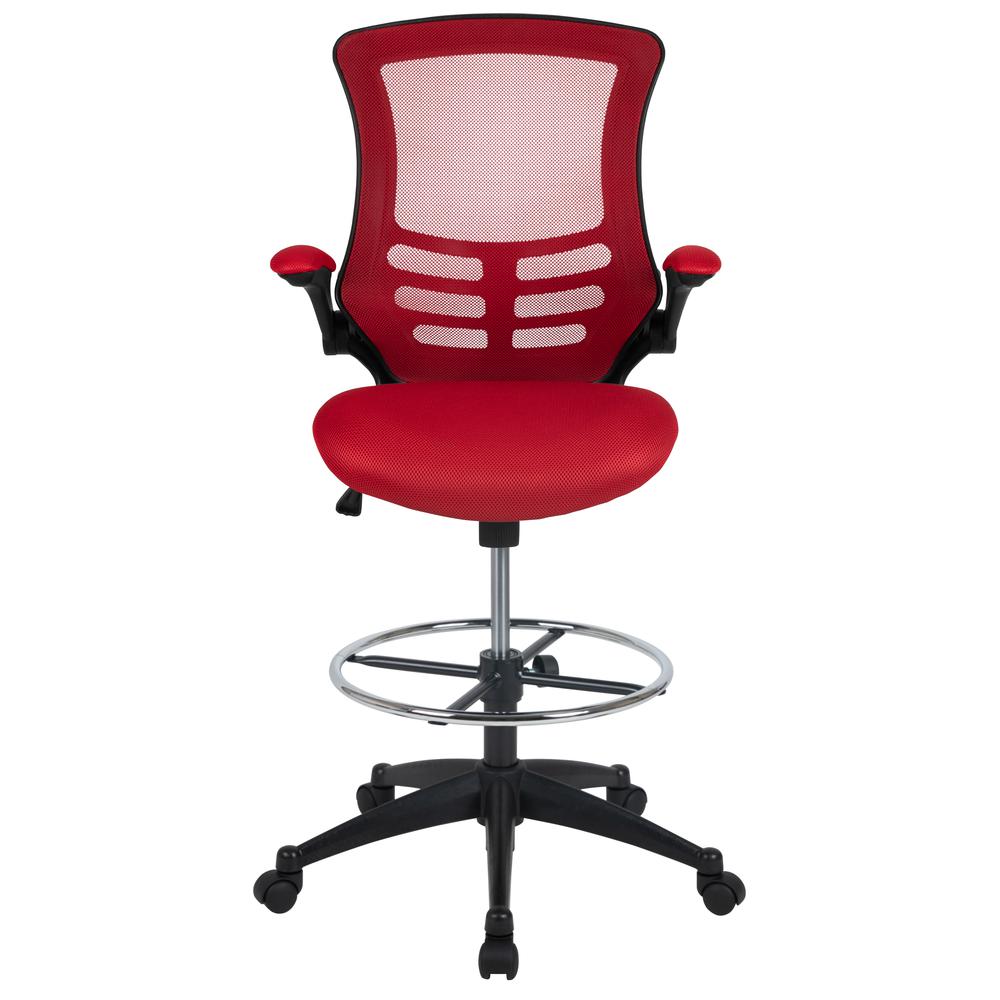 Mid-Back Red Mesh Ergonomic Drafting Chair with Adjustable Foot Ring and Flip-Up Arms. Picture 5