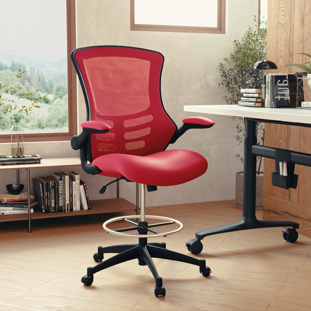 Mid-Back Red Mesh Drafting Chair with Adjustable Foot Ring and Flip-Up Arms. Picture 2