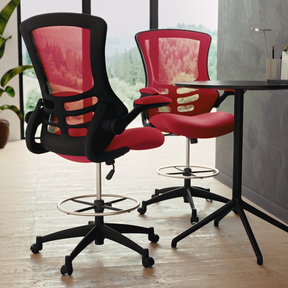 Mid-Back Red Mesh Drafting Chair with Adjustable Foot Ring and Flip-Up Arms. Picture 8