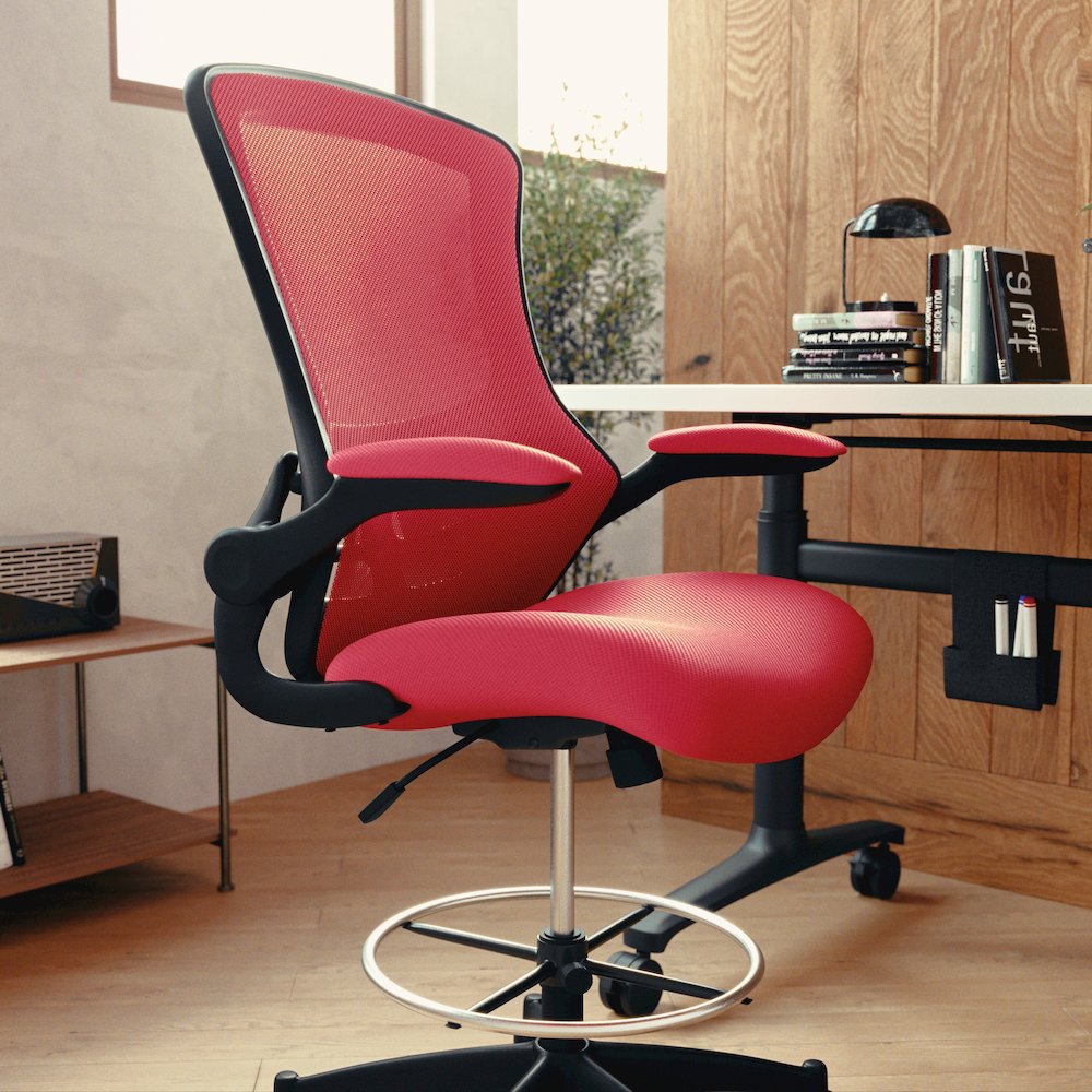 Mid-Back Red Mesh Drafting Chair with Adjustable Foot Ring and Flip-Up Arms. Picture 9