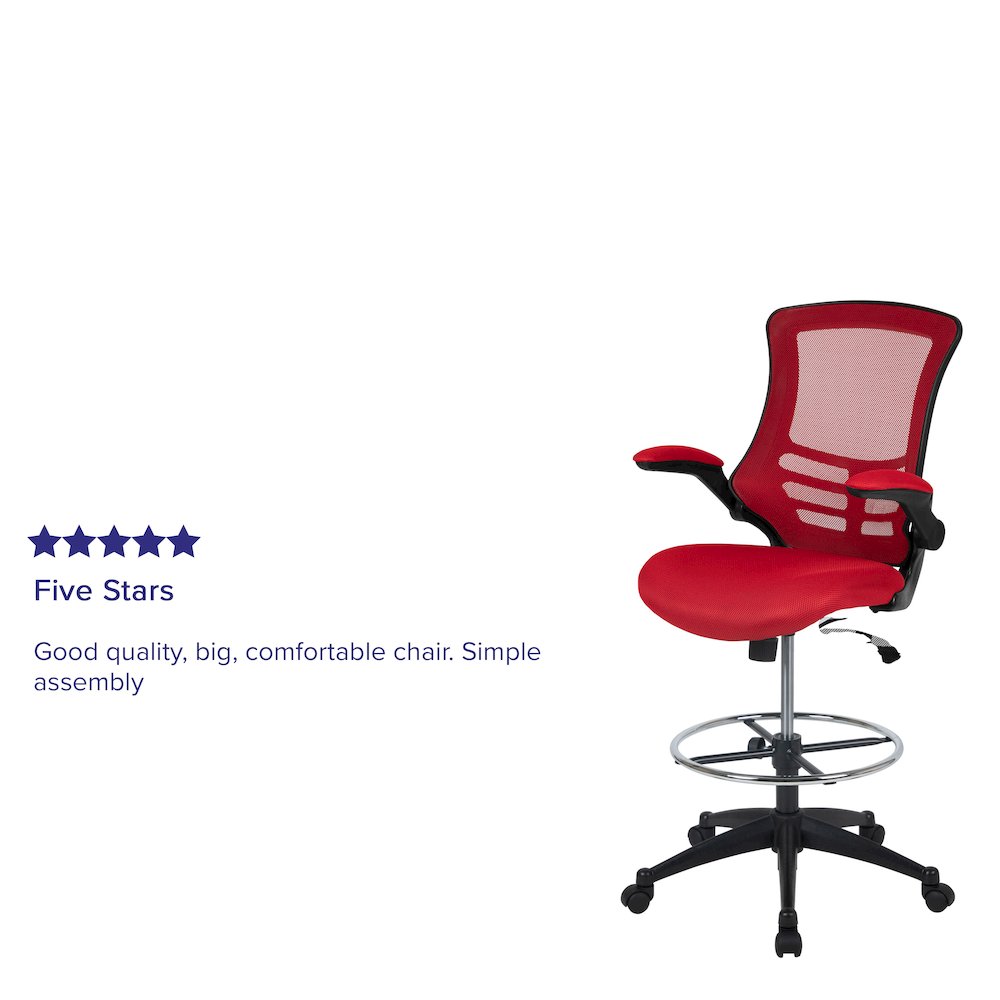 Mid-Back Red Mesh Drafting Chair with Adjustable Foot Ring and Flip-Up Arms. Picture 4