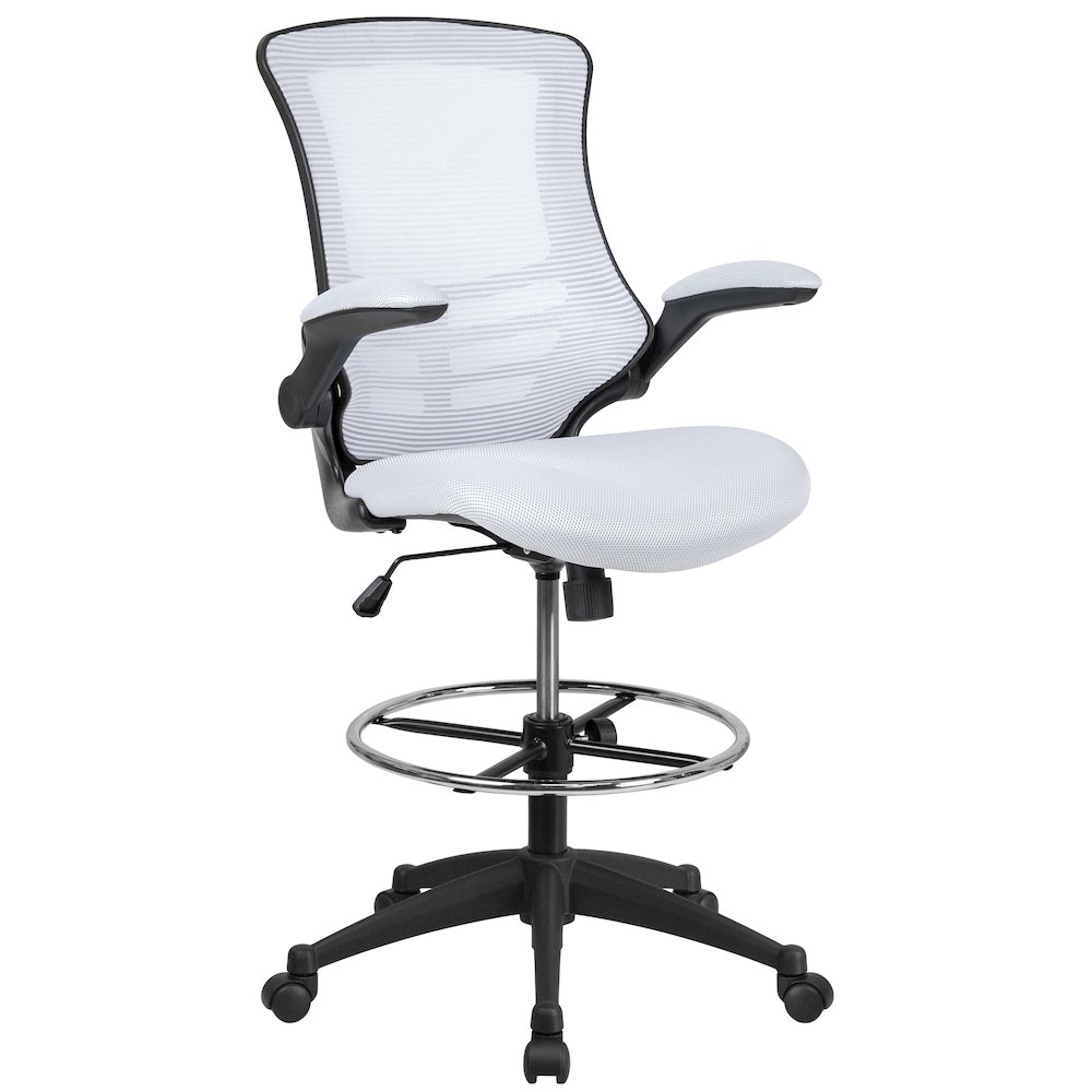 Mid Back White Mesh Ergonomic Drafting Chair with Adjustable Foot Ring and Flip-Up Arms. Picture 1