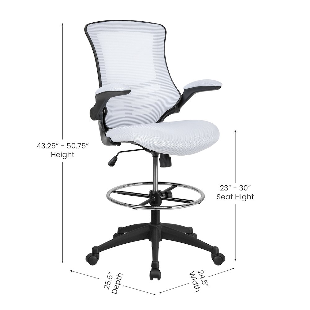 Mid Back White Mesh Ergonomic Drafting Chair with Adjustable Foot Ring and Flip-Up Arms. Picture 2