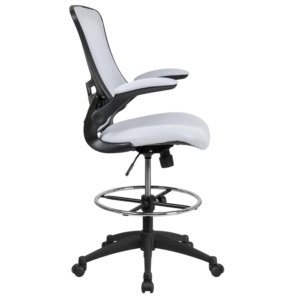 Mid Back White Mesh Ergonomic Drafting Chair with Adjustable Foot Ring and Flip-Up Arms. Picture 3