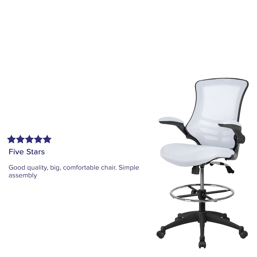 Mid Back White Mesh Ergonomic Drafting Chair with Adjustable Foot Ring and Flip-Up Arms. Picture 12