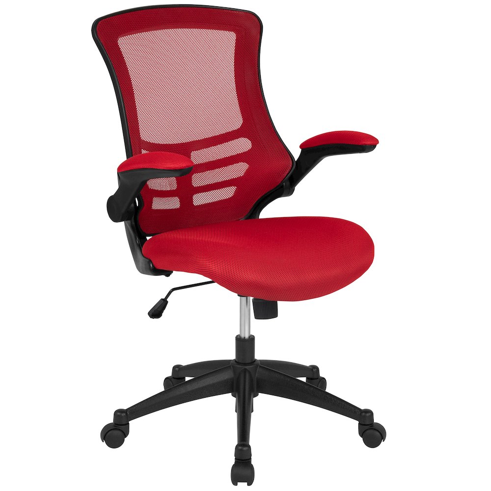 Mid-Back Red Mesh Swivel Ergonomic Task Office Chair with Flip-Up Arms. Picture 1