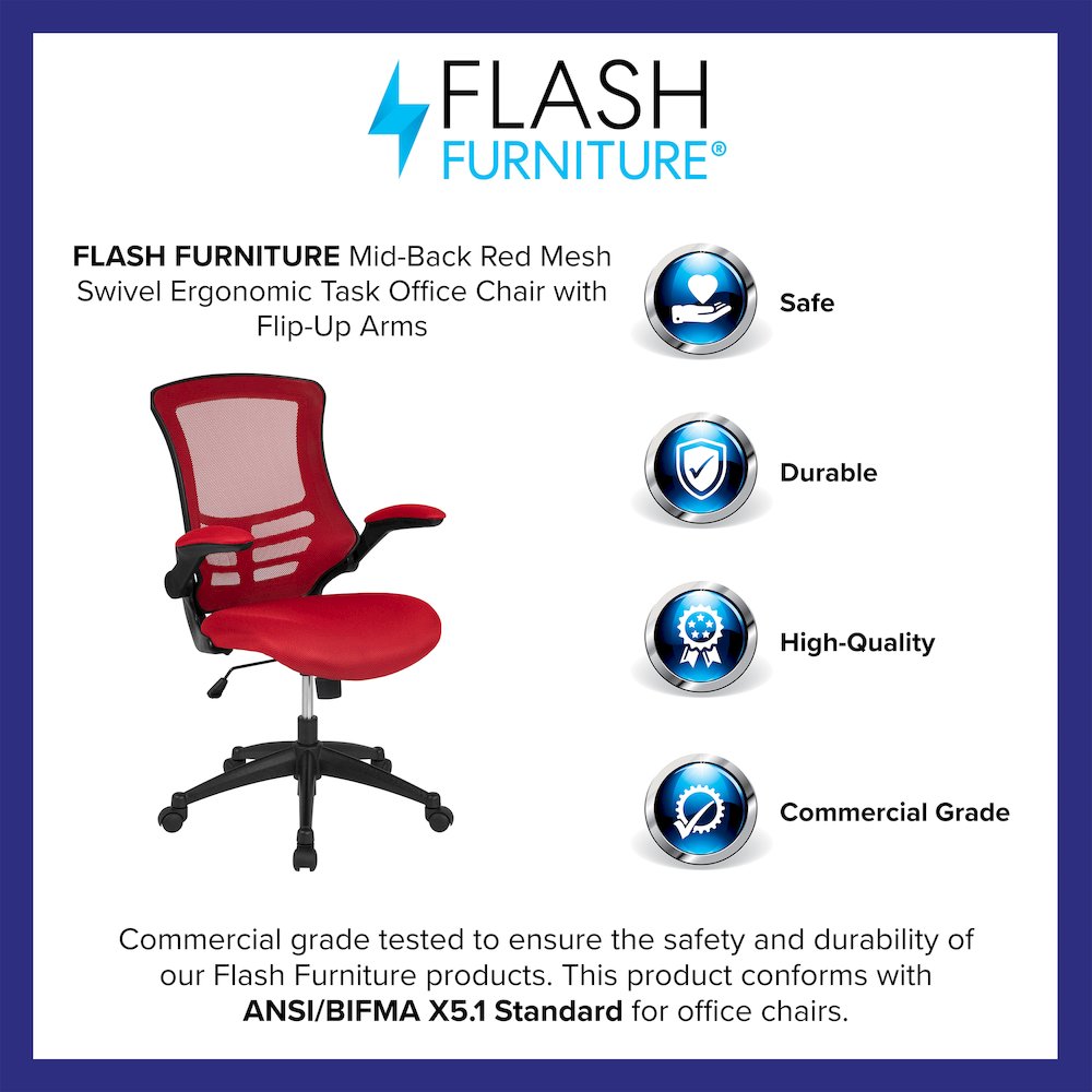 Mid-Back Red Mesh Swivel Ergonomic Task Office Chair with Flip-Up Arms. Picture 4