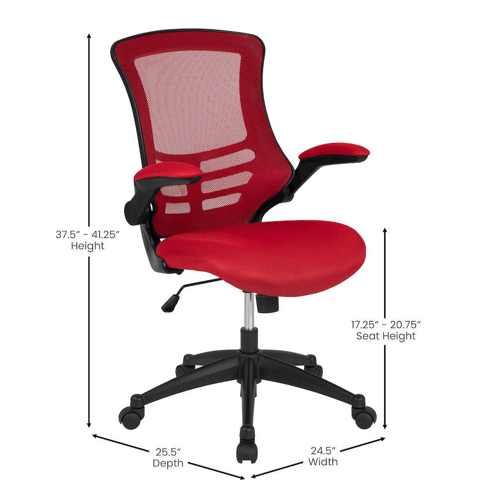 Mid-Back Red Mesh Swivel Ergonomic Task Office Chair with Flip-Up Arms. Picture 2