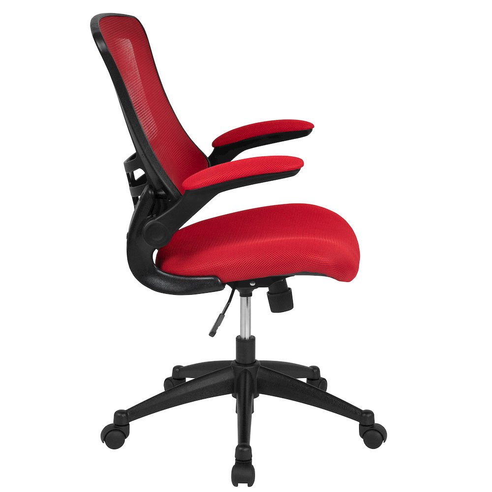 Mid-Back Red Mesh Swivel Ergonomic Task Office Chair with Flip-Up Arms. Picture 3