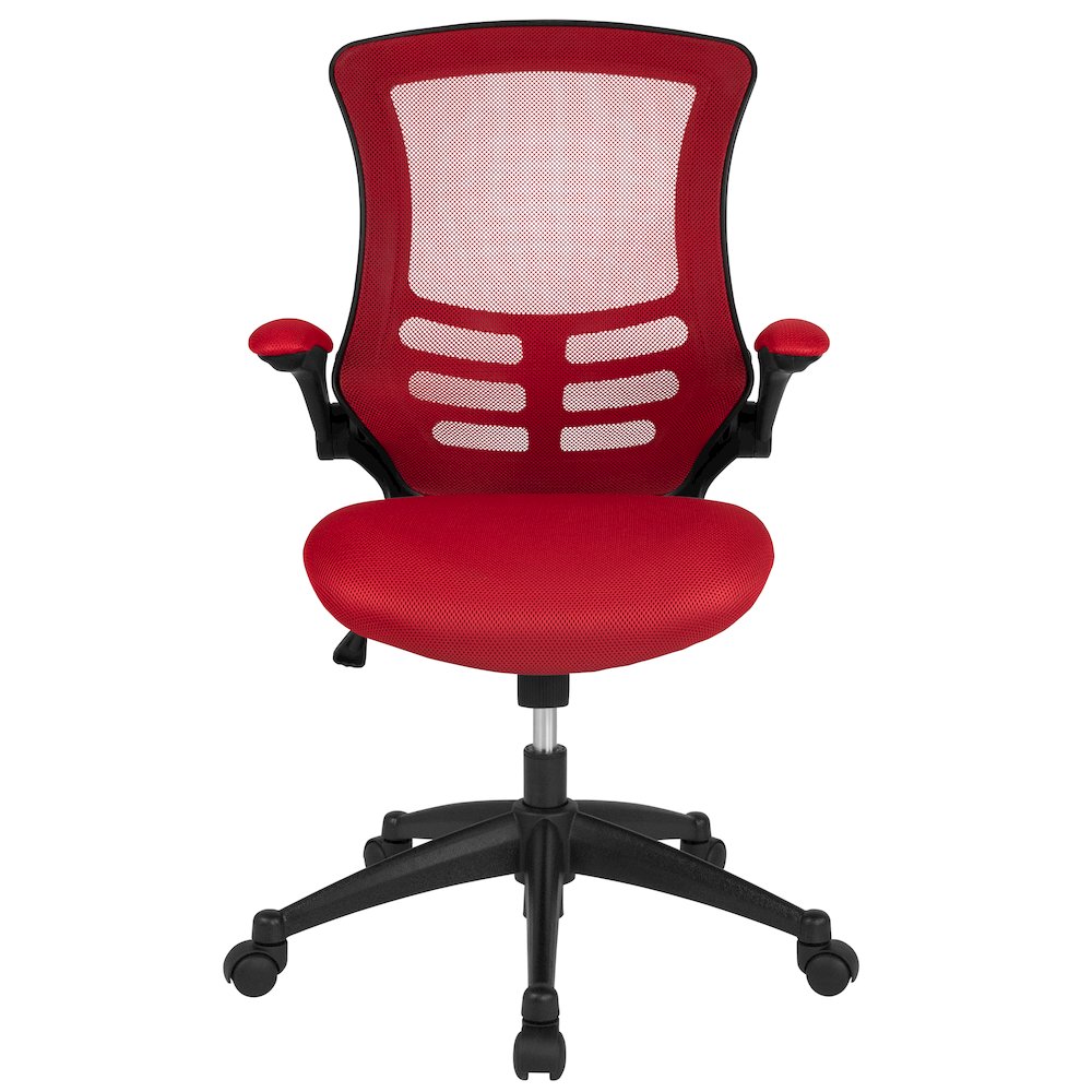 Mid-Back Red Mesh Swivel Ergonomic Task Office Chair with Flip-Up Arms. Picture 5