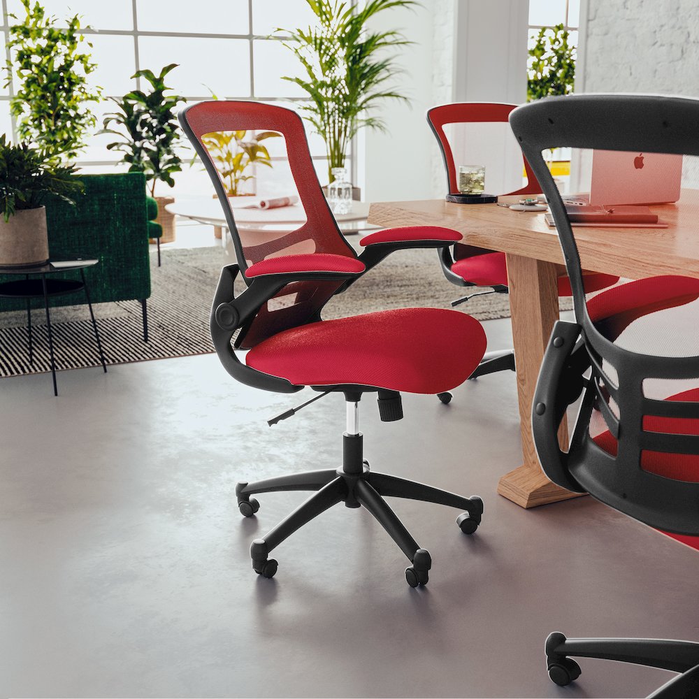 Mid-Back Red Mesh Swivel Ergonomic Task Office Chair with Flip-Up Arms. Picture 11