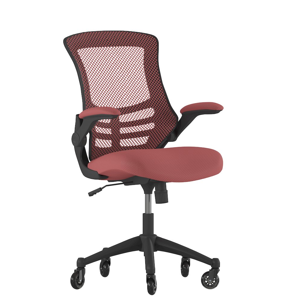 Mid-Back Red Mesh Swivel Task Office Chair with Flip-Up Arms and Roller Wheels. Picture 1