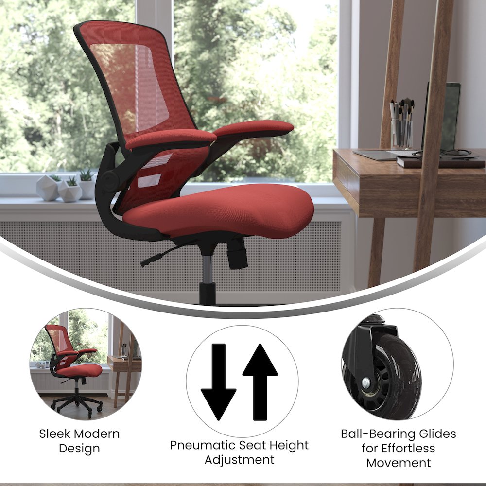 Mid-Back Red Mesh Swivel Task Office Chair with Flip-Up Arms and Roller Wheels. Picture 4