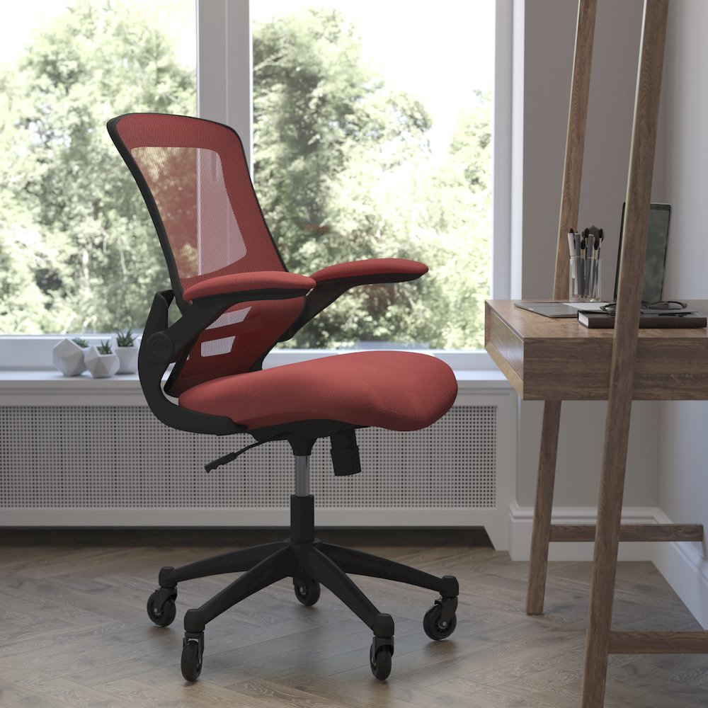 Mid-Back Red Mesh Swivel Task Office Chair with Flip-Up Arms and Roller Wheels. Picture 2
