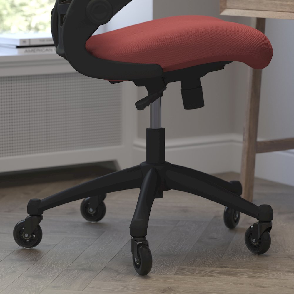 Mid-Back Red Mesh Swivel Task Office Chair with Flip-Up Arms and Roller Wheels. Picture 7