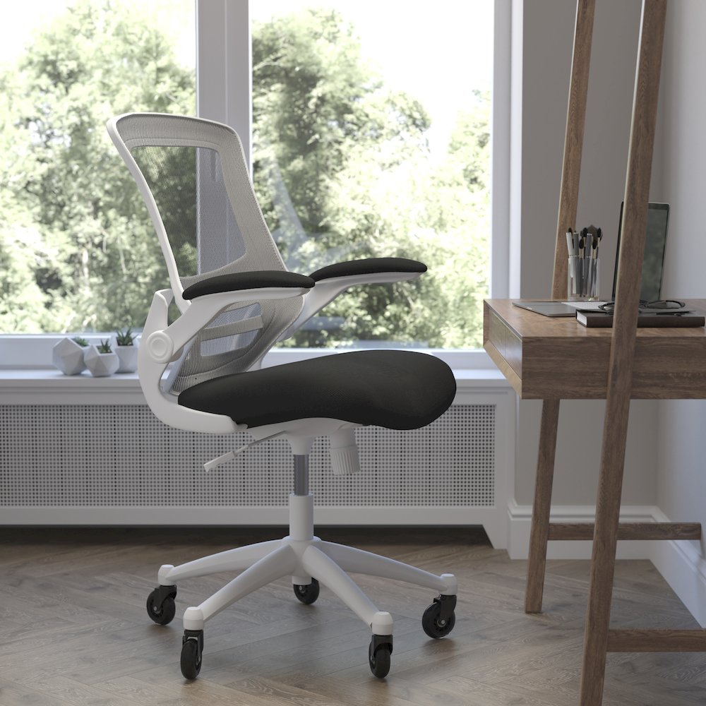 Mid-Back Black Mesh Swivel Task Office Chair with White Frame. Picture 2