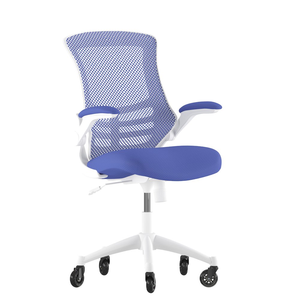 Mid-Back Blue Mesh Swivel Task Office Chair with White Frame. Picture 1