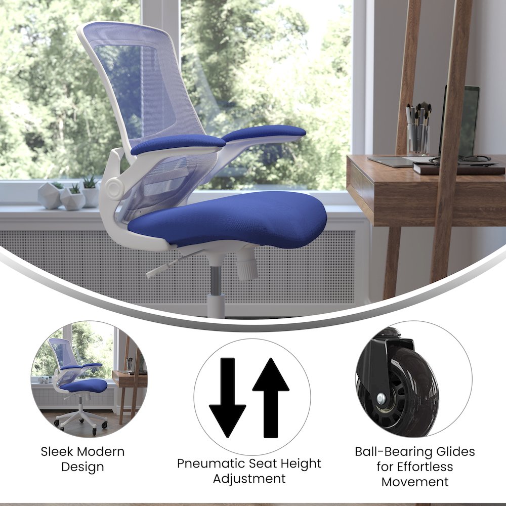 Mid-Back Blue Mesh Swivel Task Office Chair with White Frame. Picture 4