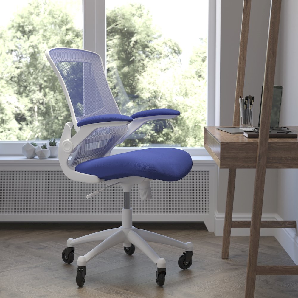 Mid-Back Blue Mesh Swivel Task Office Chair with White Frame. Picture 2