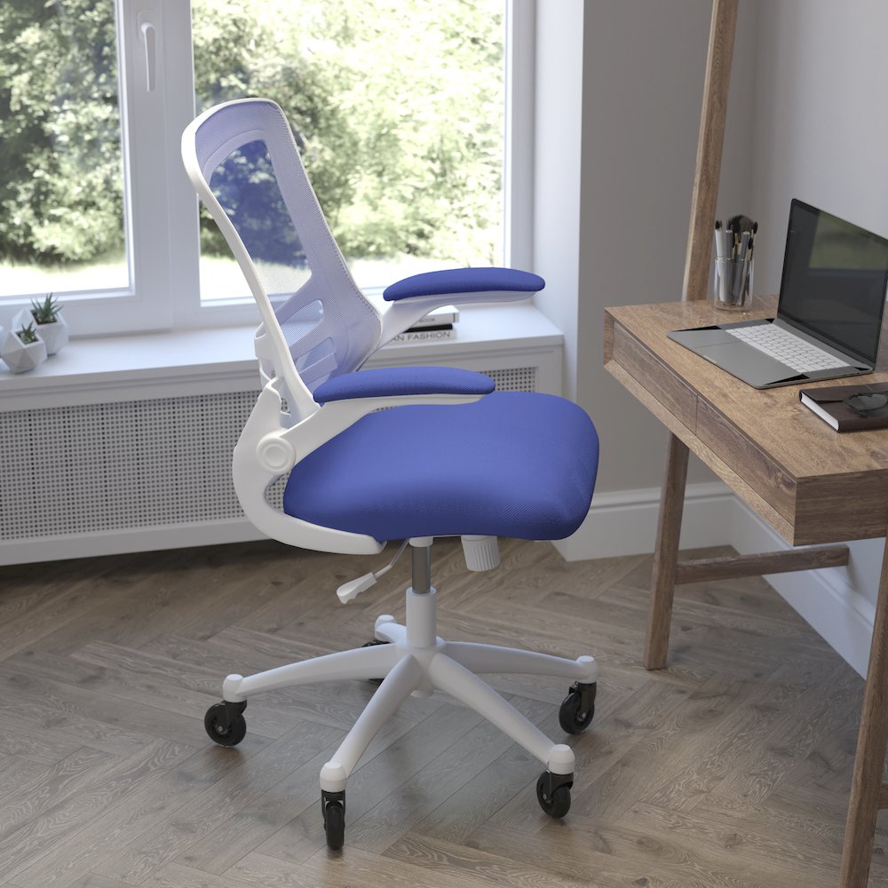 Mid-Back Blue Mesh Swivel Task Office Chair with White Frame. Picture 6