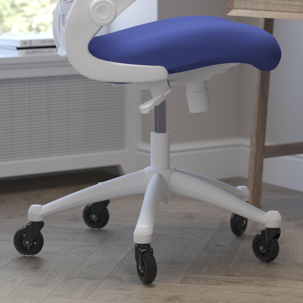 Mid-Back Blue Mesh Swivel Task Office Chair with White Frame. Picture 7