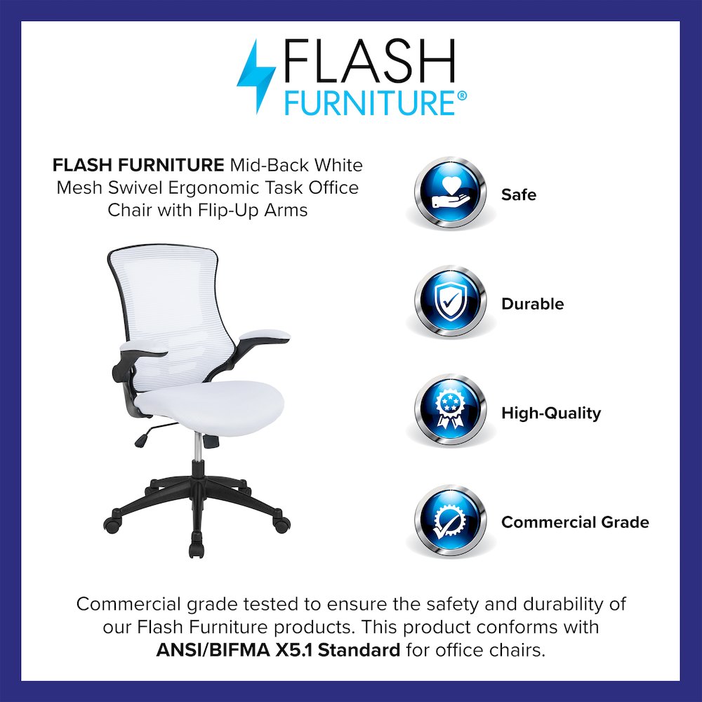 Mid-Back White Mesh Swivel Ergonomic Task Office Chair with Flip-Up Arms. Picture 4