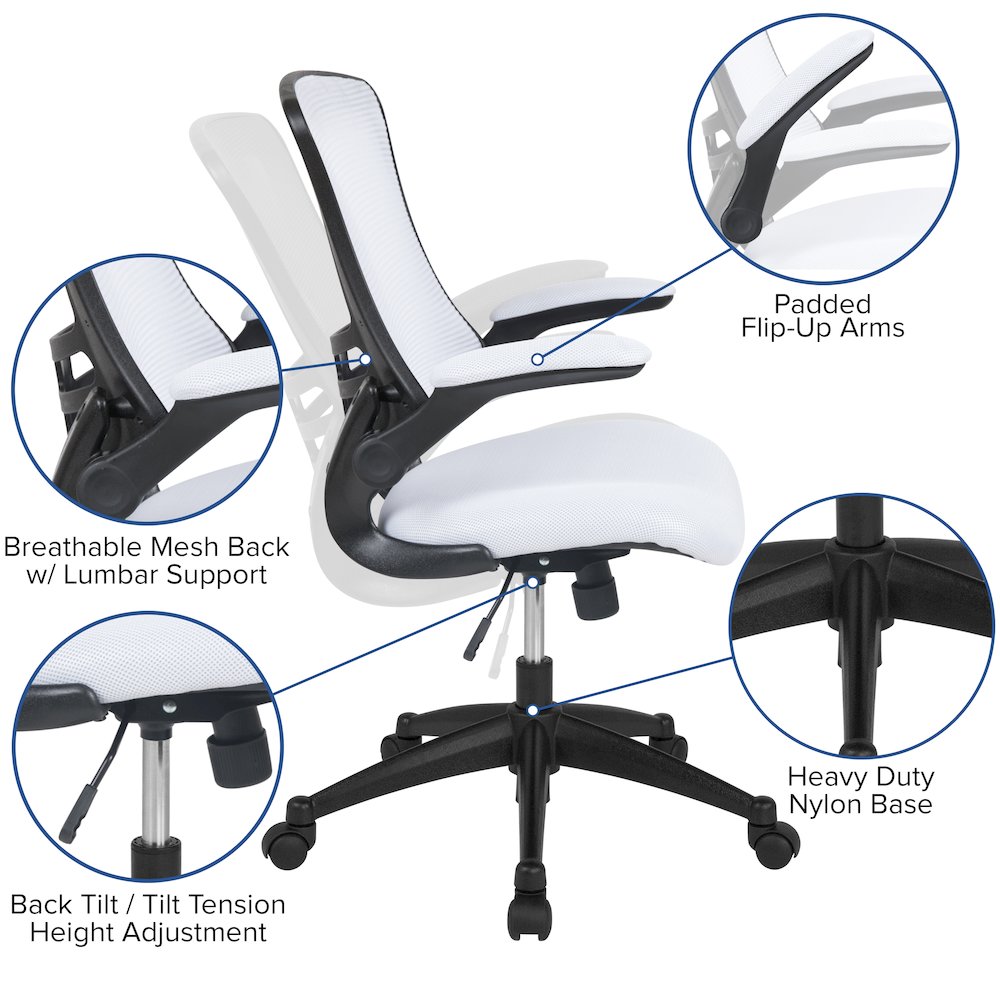 Mid-Back White Mesh Swivel Ergonomic Task Office Chair with Flip-Up Arms. Picture 6