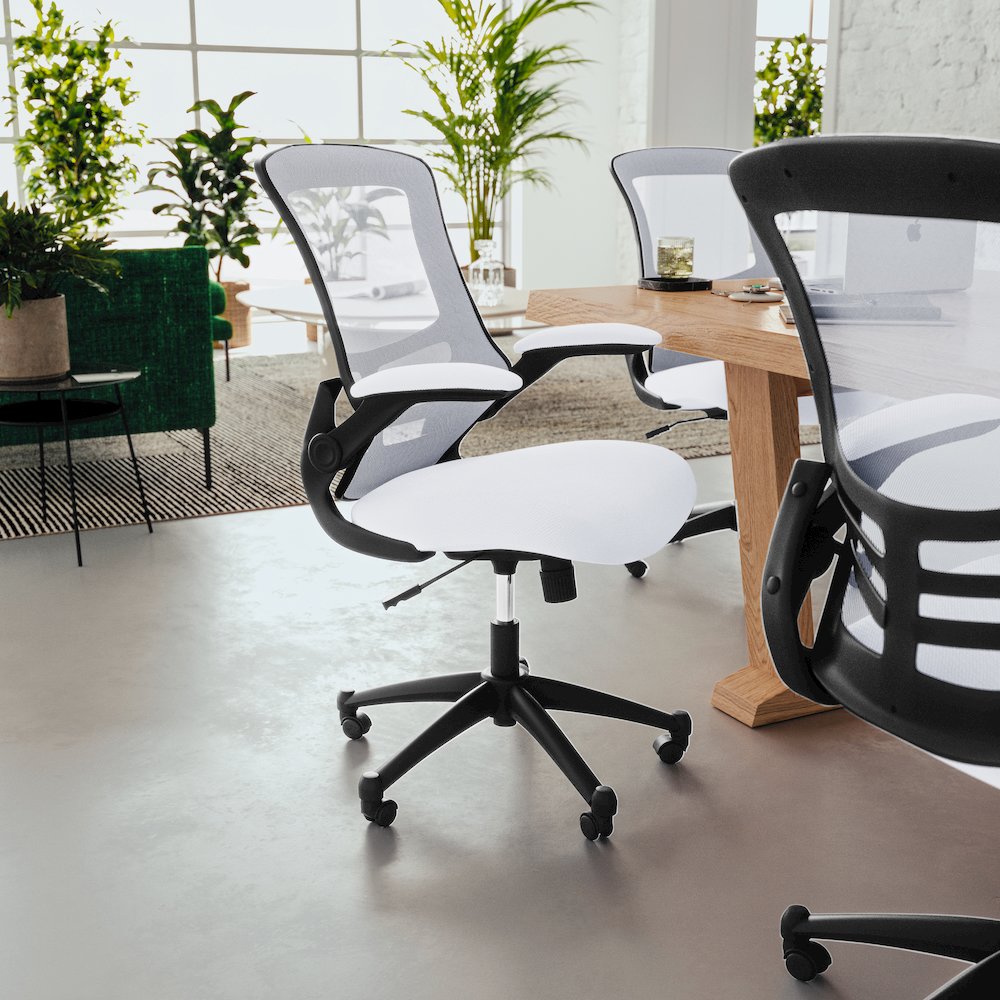 Mid-Back White Mesh Swivel Ergonomic Task Office Chair with Flip-Up Arms. Picture 2