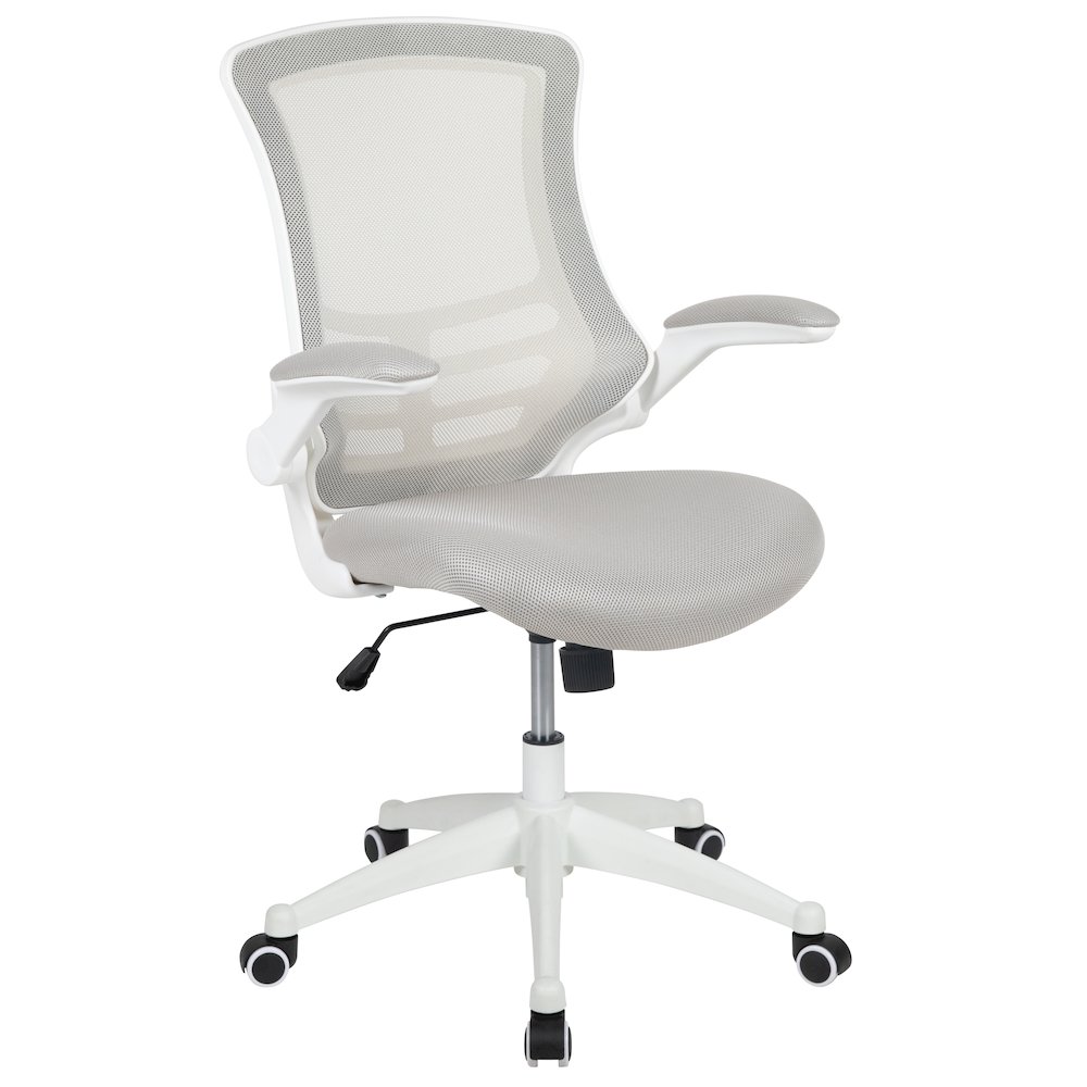 Mid-Back Light Gray Mesh Swivel Ergonomic Task Office Chair with White Frame and Flip-Up Arms. Picture 1