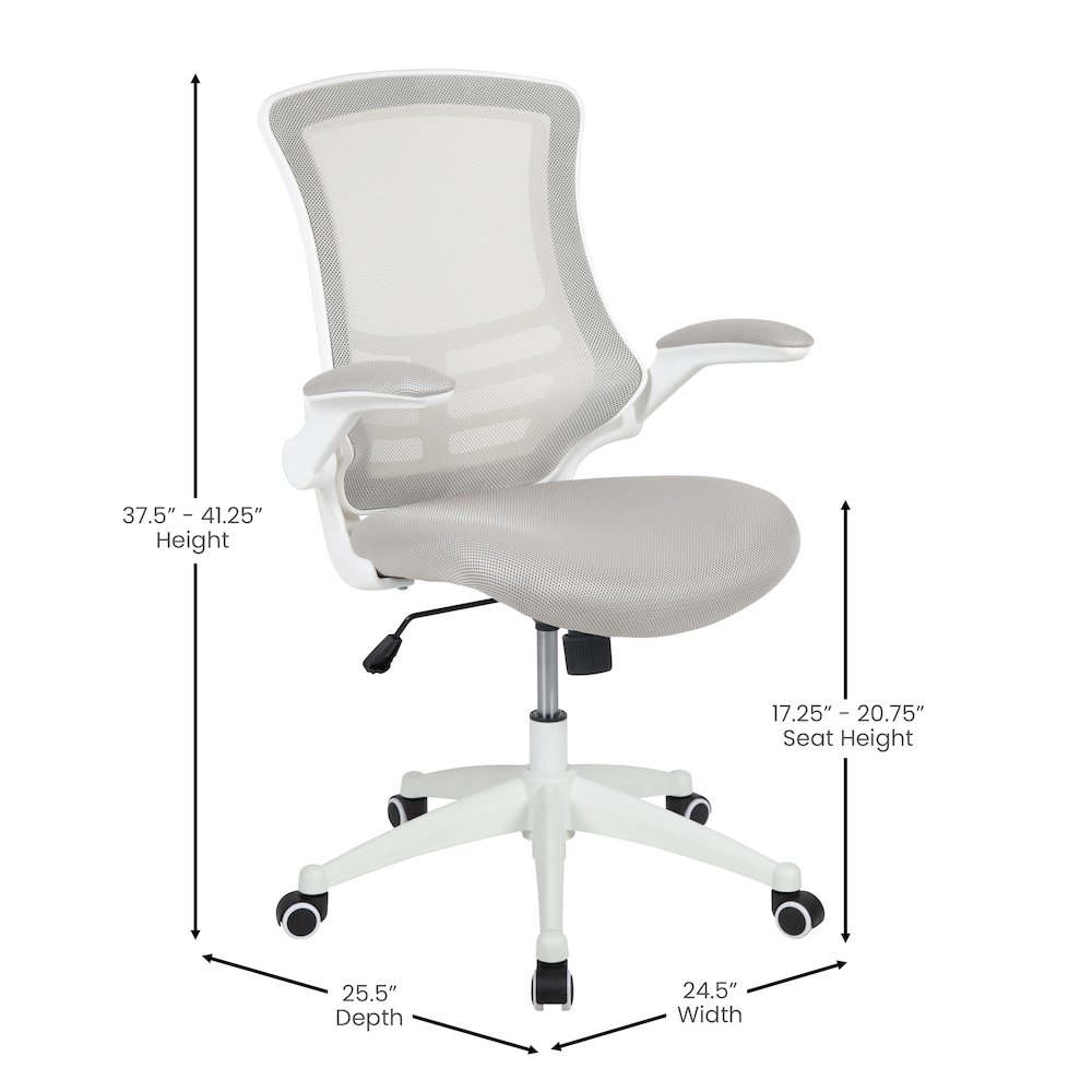Mid-Back Light Gray Mesh Swivel Ergonomic Task Office Chair with White Frame and Flip-Up Arms. Picture 2