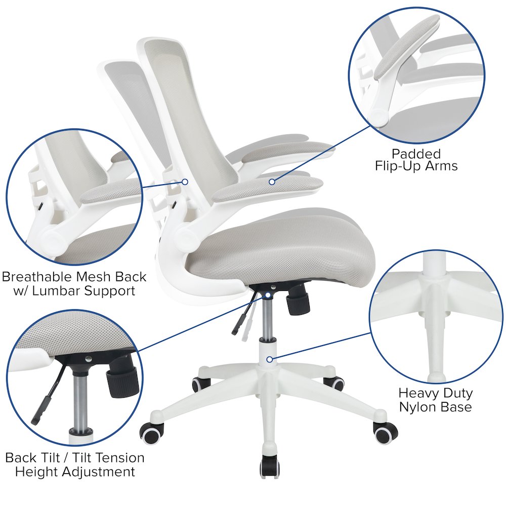 Mid-Back Light Gray Mesh Swivel Ergonomic Task Office Chair with White Frame and Flip-Up Arms. Picture 6