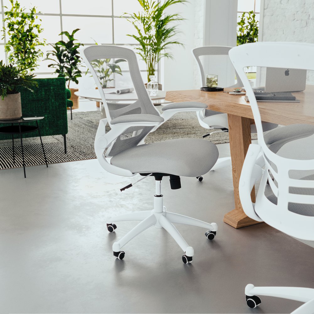Mid-Back Light Gray Mesh Swivel Ergonomic Task Office Chair with White Frame and Flip-Up Arms. Picture 11