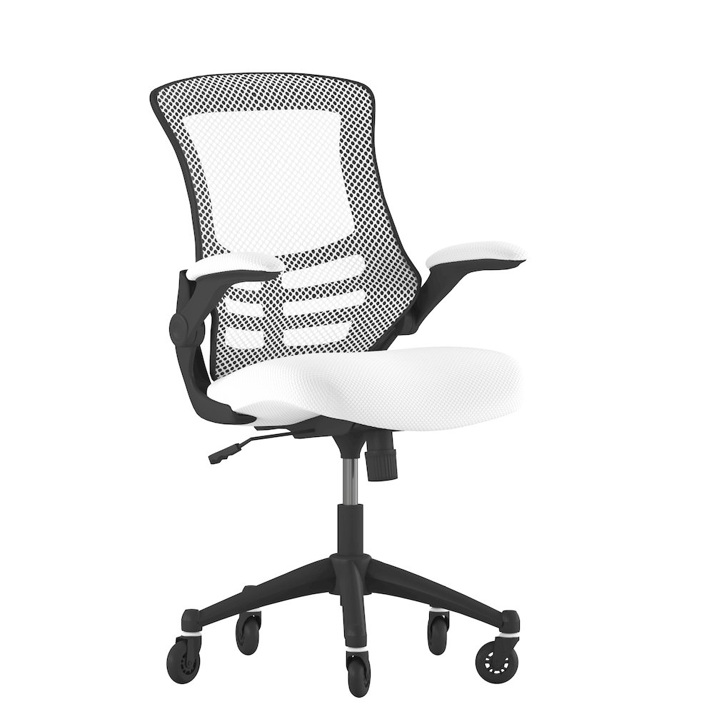 Mid-Back White Mesh Swivel Task Office Chair with Flip-Up Arms and Roller Wheels. Picture 1