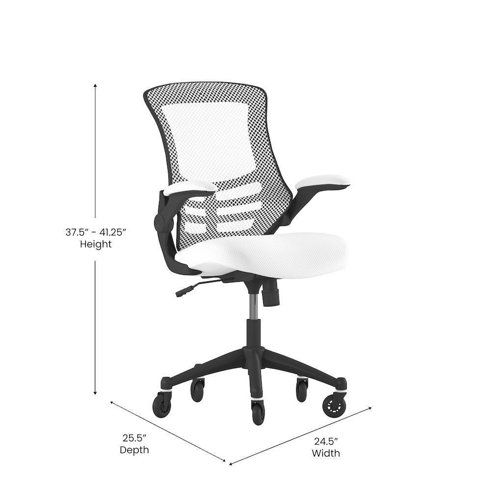 Mid-Back White Mesh Swivel Task Office Chair with Flip-Up Arms and Roller Wheels. Picture 5