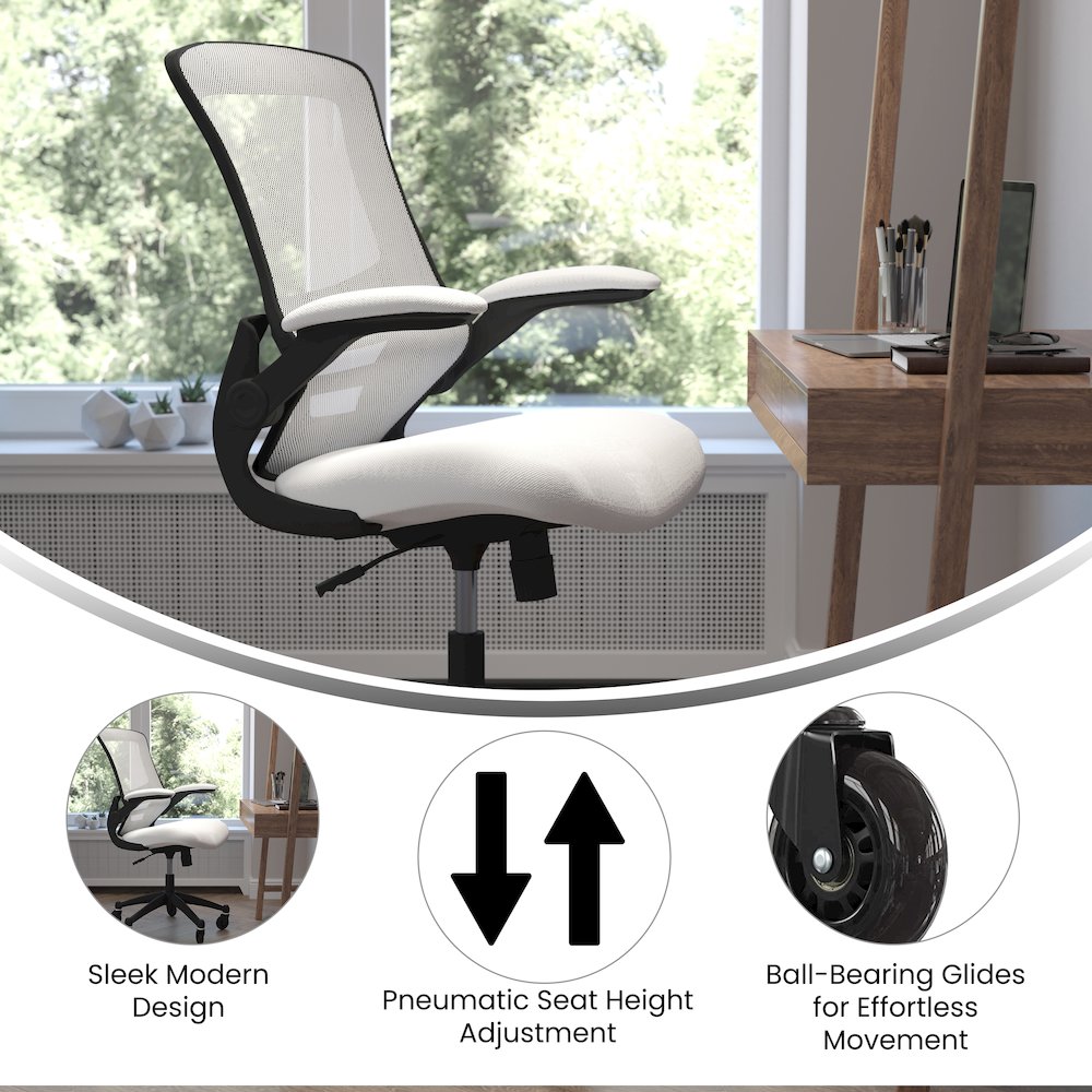 Mid-Back White Mesh Swivel Task Office Chair with Flip-Up Arms and Roller Wheels. Picture 4